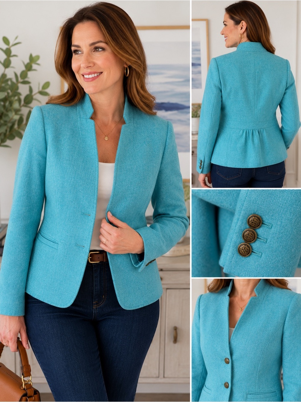 Talbots Women Wool Blend Blazer Jacket Aqua Blue 14W Lined Career Office